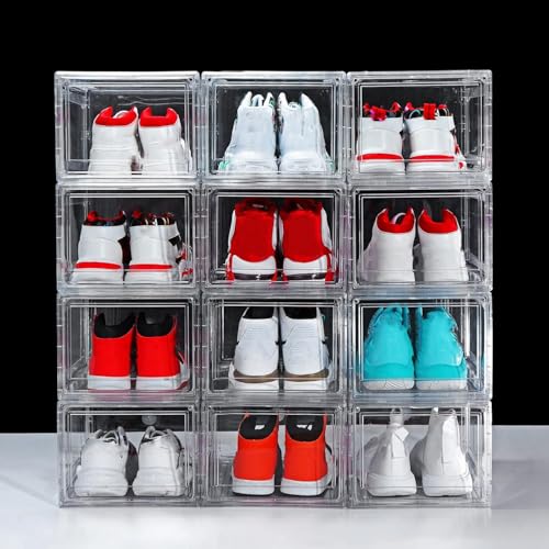 12 Pack Shoe Boxes, Clear Acrylic Plastic Shoe Boxes Stackable, Space-Saving Foldable Drop Front Shoe Storage Boxes Container for With Lids Fits Up to Size 15 (Transparency) - color: Transparency 2