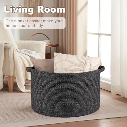 OIASKET Large Woven Baskets for Storage, 23.6" x 23.6" x 14.6" Blanket Storage Living Room, Baby Toy Basket for Clothes, Pillows, Towels, Shoe Basket for Entryway (Black) - color: Black, size: 105L