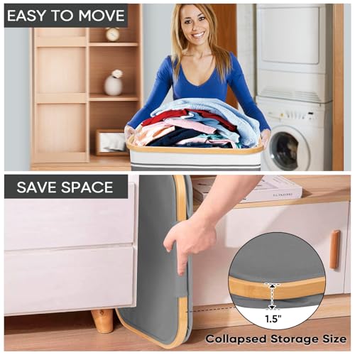 BALEINE Laundry Hamper with Lid, Tall Laundry Baskets with Bamboo Pull Handles, Large Laundry Bin with Internal Support (18 Gal/70L, Grey Stripe) - color: Grey Stripe, size: 70 liters