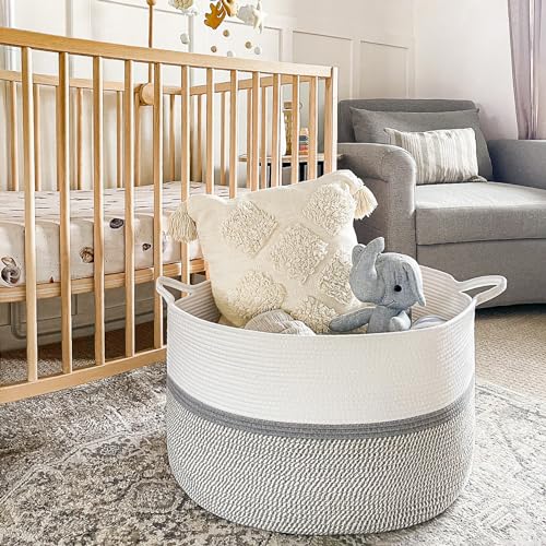 CHICVITA 85L Large Blanket Basket for Living Room, Woven Storage Baskets for Laundry Pillows Toys, Decorative Cotton Rope Basket with Handles for Bedroom Nursery, 22" x 22" x 14", Gray - color: Gray