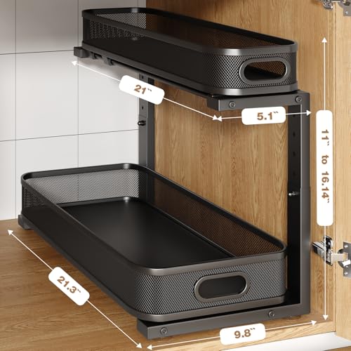 2 Pack 21.3IN-Depth Under Sink Organizer with Smooth Cylindrical Rail,2-Tier Pull Out Multi-Purpose Cabinet Storage for Bathroom&Kitchen,Height Adjustable,Rust-Resistant Coating-Black - color: Black, size: 2 Pack-21.3"Dx11"-16.14"H
