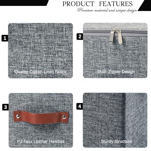 Storage Bins with Zipper Lid Foldable Fabric Lidded Storage Boxes Baskets Cubes Washable Collapsible PU Leather Handle Cotton Linen Fabric Shelf Closet Organizer Container(Gray, Large Size) - color: Gray, size: Large ( Set of 1 )