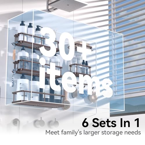YASONIC Shower Caddy, 6 Pack Large Capacity shower Organizer with Soap Holder and 12 Hooks, Rustproof Shelves for Inside Shower, No Drilling&Sleek Bathroom Organizers and Storage Bronze XL - color: Bronze, size: XL