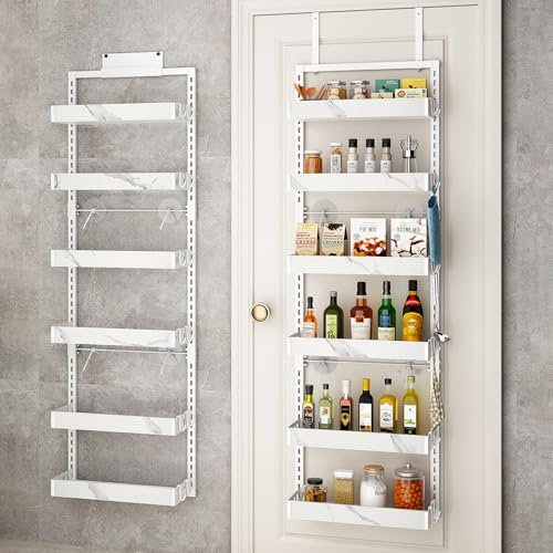 BUKFEN 6-Tier Over the Door Pantry Organizer, 2-in-1 Door Hanging or Wall Mounted Spice Rack, Heavy Duty Metal Storage Shelves with Adjustable Baskets for Kitchen Bathroom Closet, 1 Pack - color: White pole marble color, size: 6 Tier