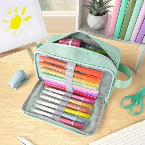 Sooez Original High Capacity Pencil Case, Big Pencil Bag Pouch Box Organizer Pen Case, Aesthetic Supply for Girls Adults, Portable Journaling Supplies with Easy Grip Handle & Loop, Mint Green - color: Mint Green