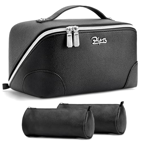 BOYATU Travel Makeup Bag Cosmetic Bags for Women: 3 Pcs Set Large Capacity Make up Bag with Handle - Waterproof Vegan Leather Toiletry Bags Travel Essentials with Compartments(C-2-Black) - color: C-2-Black