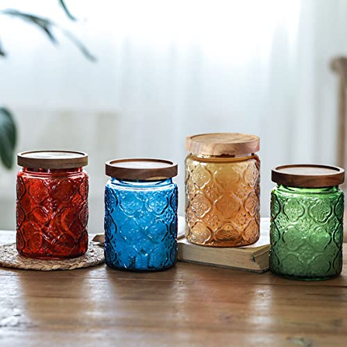 Vintage Glass Storage Jar with Solid Wood Lid - Sunflower Kitchen Canister for Coffee, Candy, Laundry Detergent - Cute Food Storage Jar for Pantry, Countertop (4 color-Begonia Flower, 23.7 Ounces) - color: 4 color-Begonia Flower, size: 23.7 Ounces