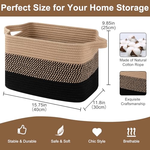 OIASKET Storage Basket for Organizing, Woven Baskets for Storage, Rectangle Decorative Baskets for Shleves, Closet, Toys, Books, Nursery Organizer Bins - Pack of 3 (Black & Brown, 15.75"x11.8"x9.85") - color: Black & Brown, size: 15.75"x11.8"x9.85"