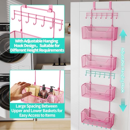 HapiRm Over Door Organizer Storage - Hanging Door Organizer with 4 Metal Large Capacity Baskets and Adjustable Coat Hook for Bathroom Bedroom Kitchen Pantry Closet Cabinet - color: Pink