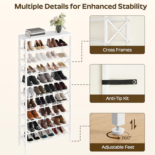 YATINEY 10 Tier Shoe Rack, Large Capacity Shoe Storage Organizer Holds 40 Pairs, Sturdy and Stable, for Entryway, Hallway, Closet, Dorm Room, White SS10WW - color: White, size: 27.8" x 10.8" x 65.7"