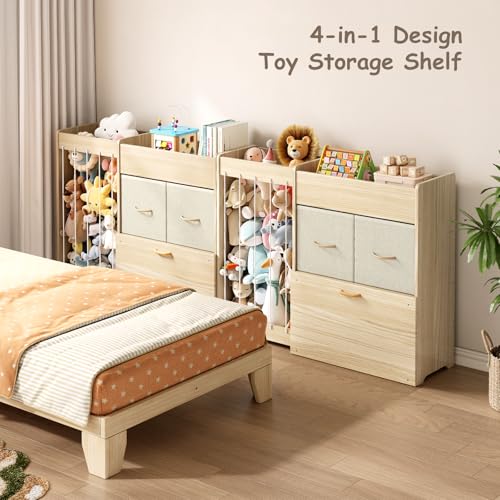 Toy Organizer and Stuffed Animals Storage, All-in-One Toy Shelf with Stuffed Animal Holder, 2 Drawers, Movable Toy Chest & Top Shelf, Solid Wood Bedroom Toy Storage Organizer - style: Burlywood+stuffed Animal Shelf