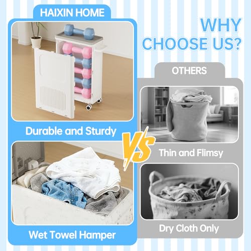 HAIXIN HOME Slim Laundry Hamper with Lid, 50L Plastic Tall Laundry Basket with Wheels, Compact Size for Narrow Space, Rolling Laundry Cart with Handle for Easy Transport to Laundry Room (2 Pack) - color: Milky, size: 50L - 2 Pack