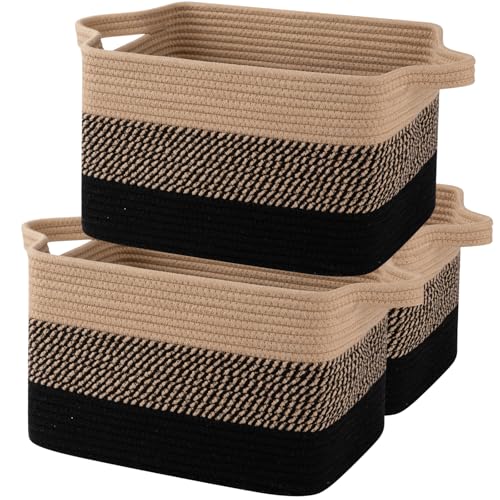 OIAHOMY Storage Basket, Woven Baskets for Storage, Cotton Rope Basket for toys,Towel Baskets for Bathroom - Pack of 3, Black & Brown - color: Black & Brown, size: 3 pcs-13”x9.9”x8.7”