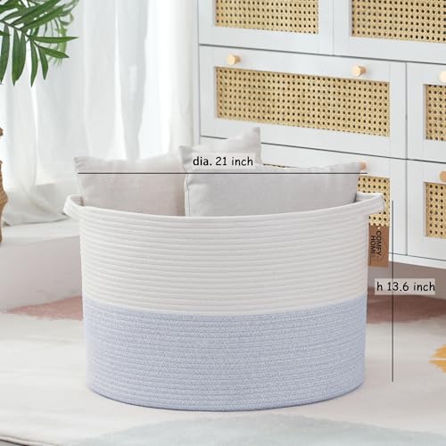 COMFY-HOMI XXXL Large Laundry Basket, Cotton Rope Nursery Woven Basket for Storage, Blanket Baskets Living Room Laundry Hamper, Dog Toy Storage Organizer, Home Decor-21''x21''x13.6''-White/Blue - color: white/bule