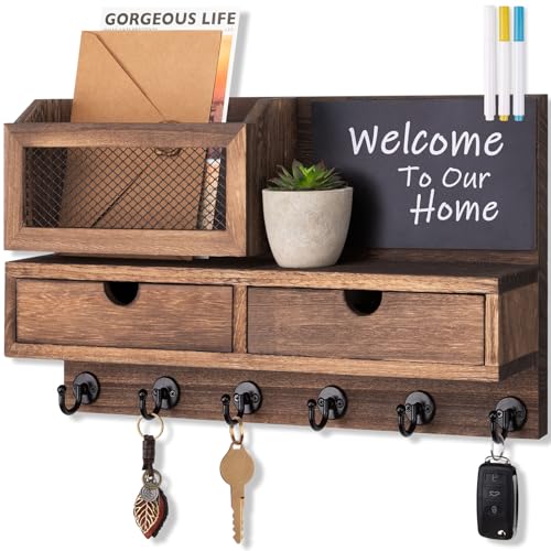 Key Holder for Wall, Key and Mail Holder for Wall with Storage Drawer, Entryway Rustic Home Decor, 3 Liquid Chalks & Chalkboard, 15.98”W x 9.1”H x 3.3”D, Brown - color: Brown