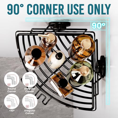 TAILI Powerful Suction Cup Corner Shower Caddy 2 Pack, Stainless Steel Rustproof Shower Shelf with Hook, Drill-free Wall Mounted Basket, Large Capacity Removable Suction Cup Bathroom Organizer, Black - style: Corner Caddy, Black