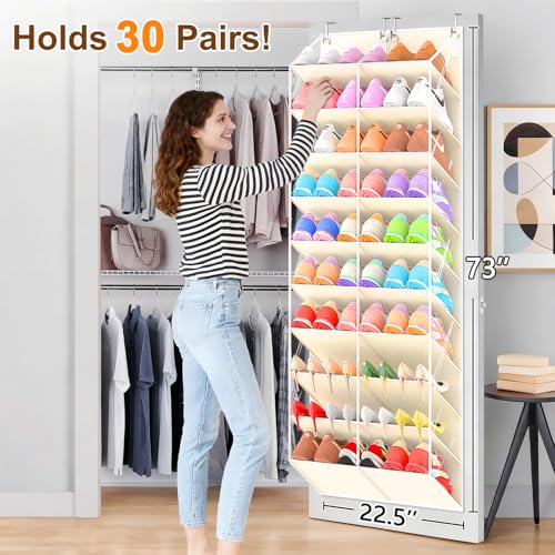 UVIAHOMI 20-30 Pairs Over the Door Shoe Organizer, Clear Pockets Hanging Shoe Storage for Closet, 10-Tier Door Shoes Rack, Handing Shoes Holder Fit All the Family's Sneakers, Boots, Heels, Beige - color: Beige