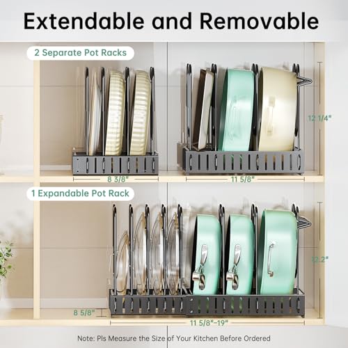 ORDORA Pots and Pans Organizer under Cabinet, 8 Tier Pot Organizers Rack Expandable 11.65" to 19.02" Height with 3 DIY Methods, Adjustable Pan Organizer inside Cabinet Kitchen Storage Organization - size: L-19.02"H-LightDuty
