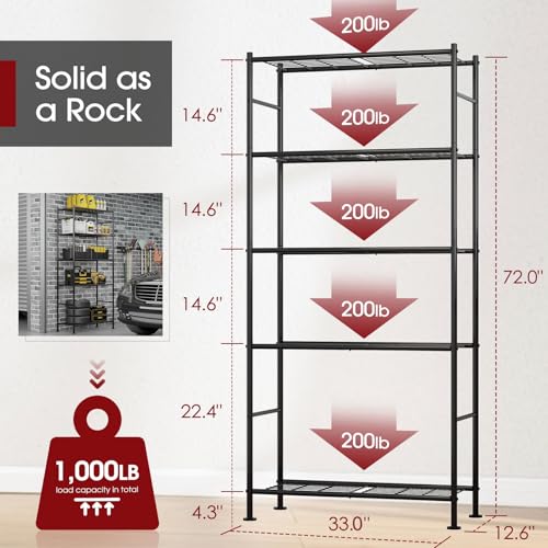 Sakugi Storage Shelves - 5 Tier Shelf Organizer, Heavy Duty Garage Shelving Unit with Leveling Feet, Stable Metal Shelves Organizer for Pantry, Kitchen and Closet, 33.0" W x 12.6" D x 72.0" H, Black - color: Black, size: 33.0W×12.6D×72.0H(5T)