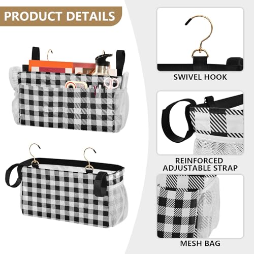 Buffalo Plaid Check Black Print Bedside Caddy Storage Bag Bedside Organizer for Bunk Bed Headboards College Organizer Caddy Hanging Shelf 6 Pockets with Hooks for Drinks Magazine Phone Holder - color: Buffalo Plaid Check Black