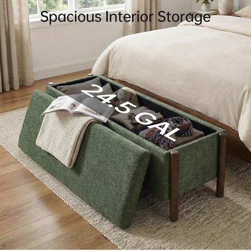 Usaint Wooden Storage Ottoman Bench, 47" Fabric Upholstered End of Storage Bench with Rubberwood Legs, Entryway Bench with Storage for Bedroom, Living Room, Reception, Cloakroom, Green - color: Green