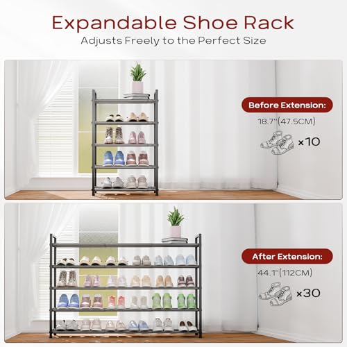 Bumusty 5-Tier Long Expandable Shoe Rack for Closet, 18"-44" Adjustable Shoe Rack for Entryway, 25-30 Pairs Large Shoe Organizer Shelf Storage, Sturdy Metal, Grey - color: Grey, size: 5-Tier
