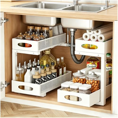 2 Pack Under Sink Organizer, 2-Tier Pull Out Kitchen Cabinet Organizer, Height Adjustable Metal Slide Out Bathroom Organizers and Storage Makeup Drawer Organizer for Office Bedroom(A-White, 2Pack) - color: A-White, size: 2-Pack