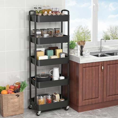 Sywhitta 5-Tier Plastic Rolling Utility Cart with Handle, Multi-Functional Storage Trolley for Office, Living Room, Kitchen, Movable Storage Organizer with Wheels, Black - color: Black, size: 5-tier