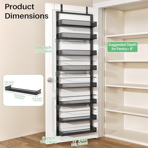 SNTD 8 Tiers Over the Door Organizer - Height Adjustable Pantry Organizers and Storage with Dense Mesh Baskets, Anti-Swing Hanging Door Spice Rack for Kitchen Bathroom (Black, 17" W x 6" D x 69" H) - color: Black, size: 17"W x 6"D x 69"H