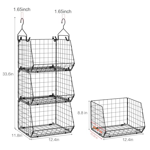 X-cosrack 3-Tier Hanging Storage Organizer for Closet, Laundry & Utility Room | Space Saving Shelves with 1.65" Hook & 5 S-Hooks | Hanging Wire Baskets (12.4" W x 8.8" H x 10.24-11.8" D) - color: Black, size: 3-Tier