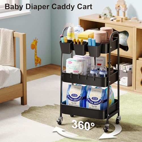 3 Tier Metal Rolling Cart with Lockable Wheels, Black Three Tiered Utility Storage Organizer Carts on Wheels for Bathroom, Kitchen, Laundry, Garage, Office, Craft, Art, Baby, Diaper Caddy, Snack, Book - color: Matte Black, size: 3 tier