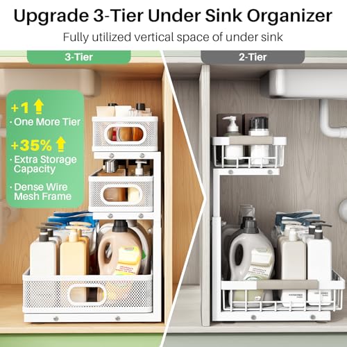 Kitstorack Under Sink Organizer, 2-Pack 3-Tier Height Adjustable Thickened Metal Pull out Cabinet Organizer Shelf, Slide out Storage Drawer Rack for Bathroom Kitchen Pantry Home Laundry Organization - color: White, size: 2 Pack