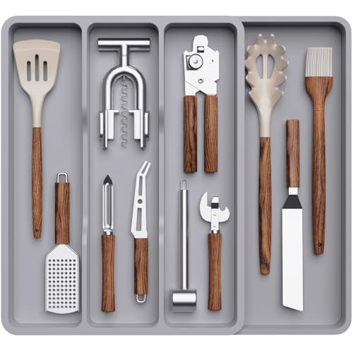 Lifewit Utensil Organizer for Kitchen Drawer, Expandable Cooking Silverware Tray, Adjustable Cutlery Flatware Holder, Plastic Spatula Tools Storage Divider, 17.3 x 15.8", Gray - color: Gray, size: 17.3*15.8*1.8 inch (4 Slots)