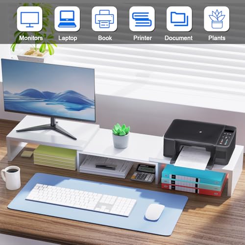 Dual Monitor Stand for Desk, Metal Computer Stand, Desk Shelf Riser,Desktop Organizer for Home and Office Use (White) - color: White