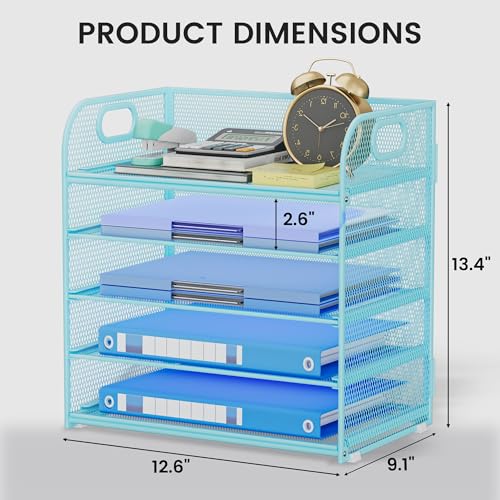 Paper Organizer Letter Tray with Handle Mesh 5-Tier Stackable Desk Organizer for Files/Paper/Office Supplies, Sturdy Carbon Steel Desk Organizer for Home Office & Classroom - color: Blue, size: 12.6" x 9.1" x 13.4"