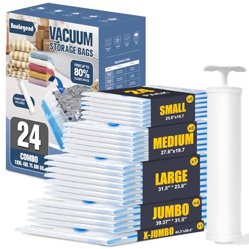 BoxLegend Vacuum Storage Bags with Large Hand Pump 24 Combo (1X-Jumbo, 4 Jumbo, 7 Large, 6 Medium, 6 Small) Thickened Vacuum Seal Bags for Clothing Blanket Pillow Comforters Bedding Quilt Coat - size: 24 Combo