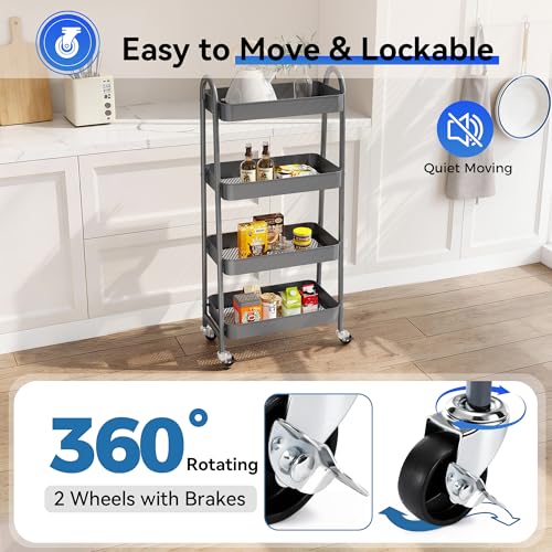NEWBULIG 4-Tier Rolling Utility Cart with Locking Wheels, Slim Metal Mobile Storage Organizer Shelf for Small Spaces, Bathroom, Living Room, Grey - color: Gray, size: 4-Tiers