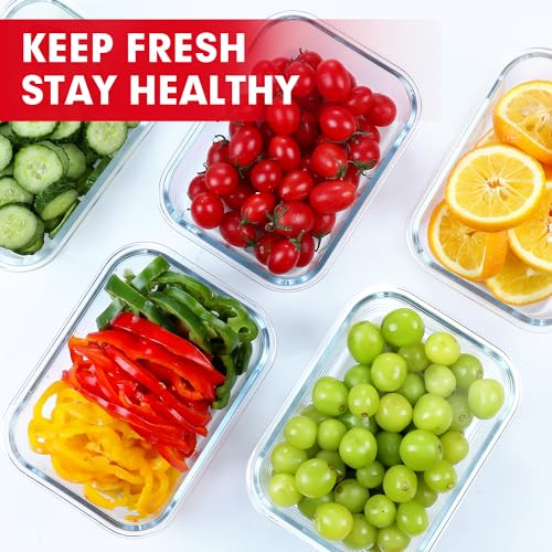 VERONES 5 Pack 36 OZ Glass Meal Prep Containers, Airtight Glass Lunch Containers Set, Glass Food Storage Containers with Lids,Exclusive of BPA, for Microwave, Oven, Freezer & Dishwasher Friendly,Red - color: Red
