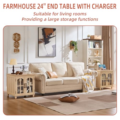 RWYHG Farmhouse End Table with Charging Station,24" Large Sofa Side Table with Glass Barn Door,Rustic Wood Night Stand with Adjustable Storage Shelf,Square Bedside Table for Living Room,Bedroom Office - color: Natural Wood, size: Set 1