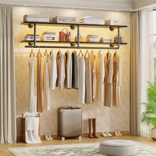 Aheaplus Industrial Pipe Clothes Rack with Top Shelf, 47In Space-Saving Wall Mounted Clothing Rack, 2 Tiers Heavy Duty Pipe Clothing Shelves with Hanging Rod for Laundry Room, Closet Storage, Black - color: Black, size: 47IN