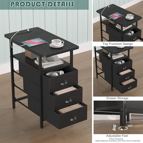 sthmec End Table with Charging Station, Side Tables Livingroom with USB Ports and Outlets,Narrow Nightstands Bedside Tables with 3 Drawers PU Finish for Small Space,Slim Sofa Table Bedroom,Black - color: Black, size: 11.75'' W*21'' D* 24.3'' H, style: Pow