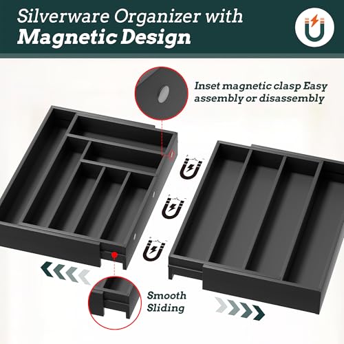 Silverware Organizer Large, Magnetic Connected Expandable 11 Slots Silverware Drawer Organizer from 21 to 37.4 Inches, Adjustable Flatware and Cutlery Holder, Bamboo Utensil Tray for Kitchen Black - color: Black, size: 11 Slots
