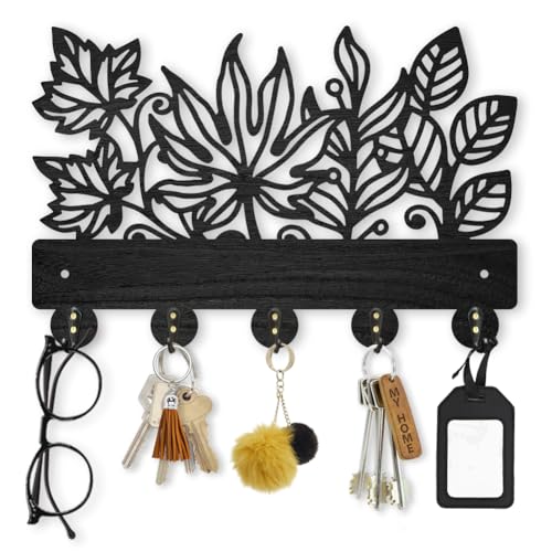 MAYJOYDIY Leaves Coat Rack Wall Mount 11.8×7.9inch Wood Leaves Plants Wall Art Decor Nature Tree Key Holder for Wall 5 Alloy Hooks Black Hook Rack Hat All Hook for Entryway Living Room Bedroom Gift - color: Leaves