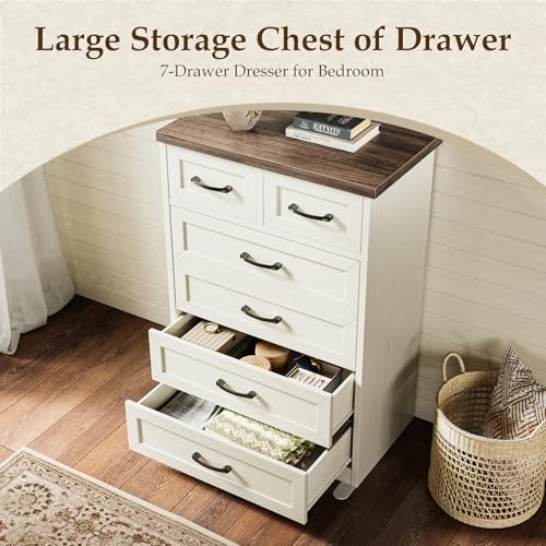 AODK Farmhouse Tall 6 Drawer Dresser for Bedroom, 5-Tier Vertical Storage Chest with Mixed Drawers, Engineered Wood Frame with Anti-Tip Safety, American Country Furniture, Walnut & Vintage White - color: Walnut & Vintage White, size: 15.7"D x 26"W x 38.2"