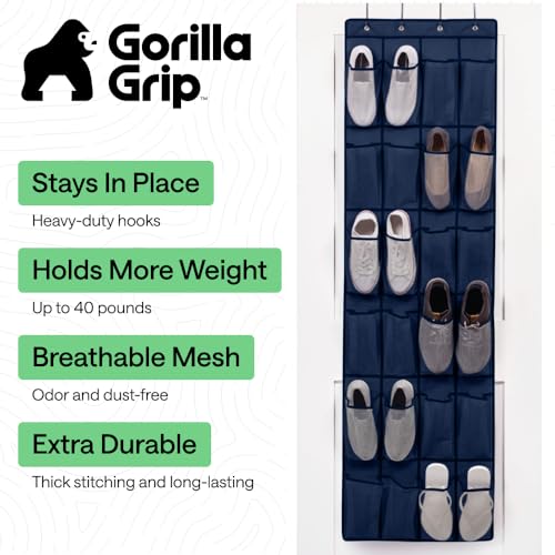 GORILLA GRIP Over the Door Shoe Organizer, 24 Large Breathable Mesh Pockets, Space Saving Hanging Storage Holder, Closet Rack Hanger Holds Up to 40 lbs, Hangs on Closets for Shoes, Accessories, Navy - color: Navy, size: 24 Pockets/4 Hooks