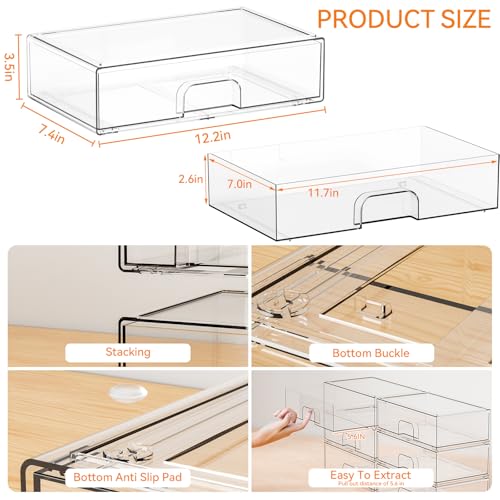 Yieach 12.1''W Clear Stackable Storage Drawers,2 Pack Acrylic Drawer Organizer for Hair Accessories,Makeup Organizers,Plastic Organizer Bins for Vanity,Bathroom,Cabinet,Desktop,Office Supply Organizer - color: Clear-12.2 In Width, size: 2 PCS
