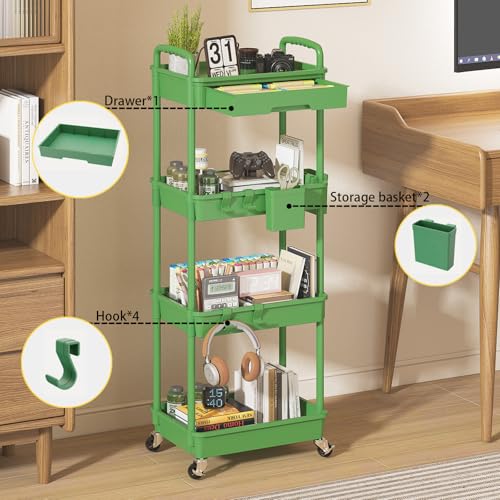 4 Tier Rolling Utility Cart with Drawer, Plastic Storage Organizer Rolling Carts with Wheels Handles Hanging Cups Hooks for Office, Bathroom, Kitchen,Craft Art Room (Green) - color: Green, size: 4-Tier