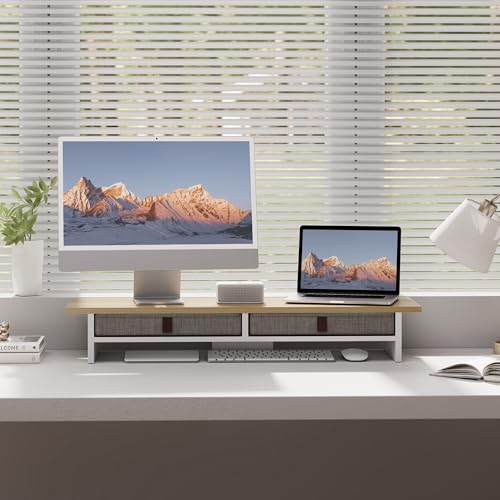 Fenge Monitor Stand with Drawer, 2 Tiers Dual Monitor Riser for Desk, 35 Inch Computer Stand for 2 Monitors, Desk Shelf for Home, Office, Laptop, PC, TV, Printer - color: Oak