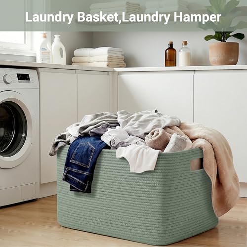75L Green Cotton Rope Storage Basket, Large Rectangle Laundry Hamper with Handles, 22”x17”x12” Woven Blanket and Toy Basket for Living Room, Bedroom and Nursery - color: Green