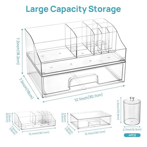 Vtopmart 6 PCS Bathroom Countertop Organizer, 1 Divided Tray with 4 Qtip Holder Jars and 1 Drawers, Restroom Clear Organizers for Toothbrush, Cotton Pads, Vanity Accessories Storage Set - color: Clear